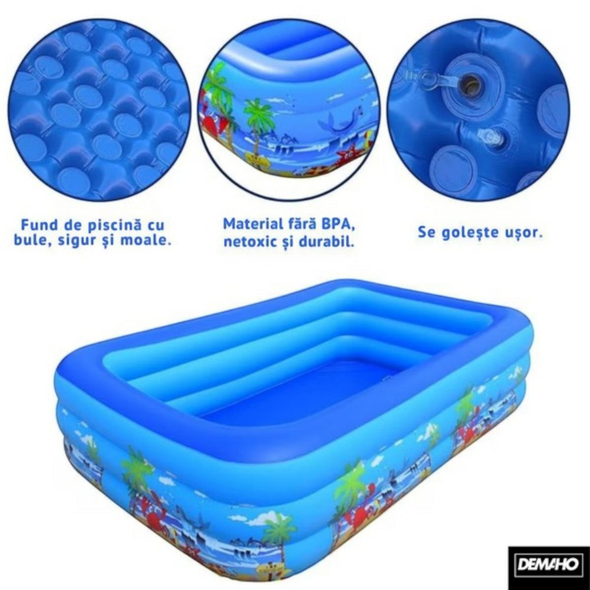 Piscina gonflabila din PVC rezistent, 150x102x50 cm, 3 inele, design tropical, pentru gradina si terasa