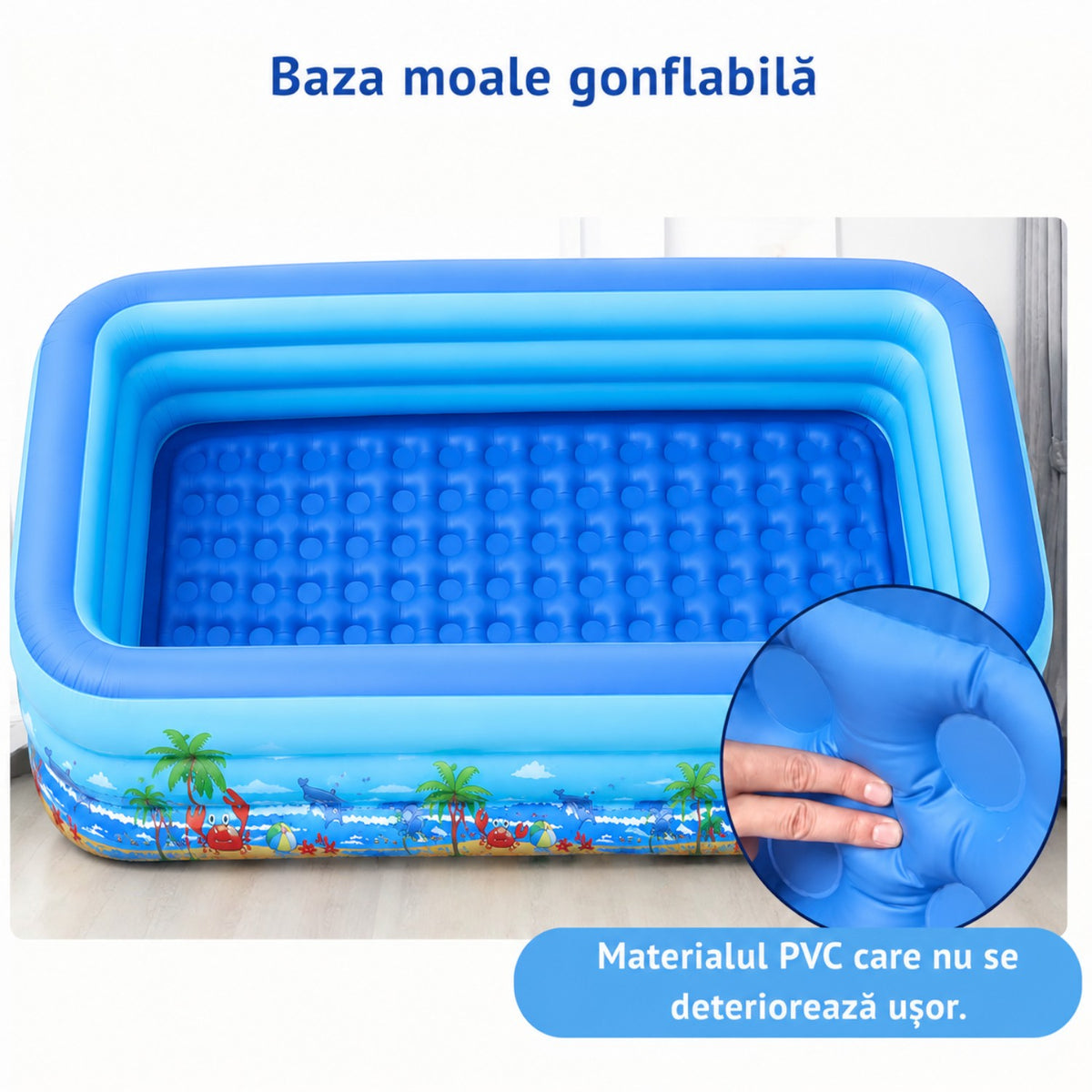 Piscina gonflabila familiala din PVC rezistent, 260x165x54 cm, 3 inele, design tropical, pentru curte si gradina