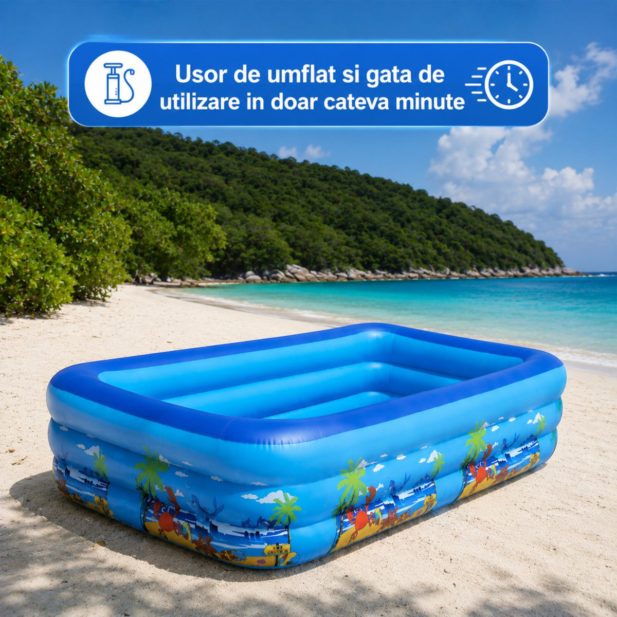 Piscina gonflabila familiala din PVC rezistent, 180x125x54 cm, 3 inele, design tropical, pentru curte si gradina
