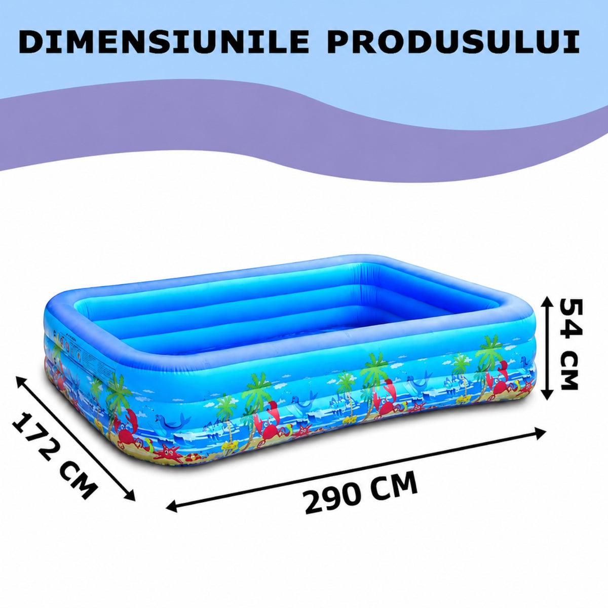 Piscina gonflabila XXL din PVC rezistent, 290x172x54 cm, 3 inele, design tropical, pentru curte si gradina