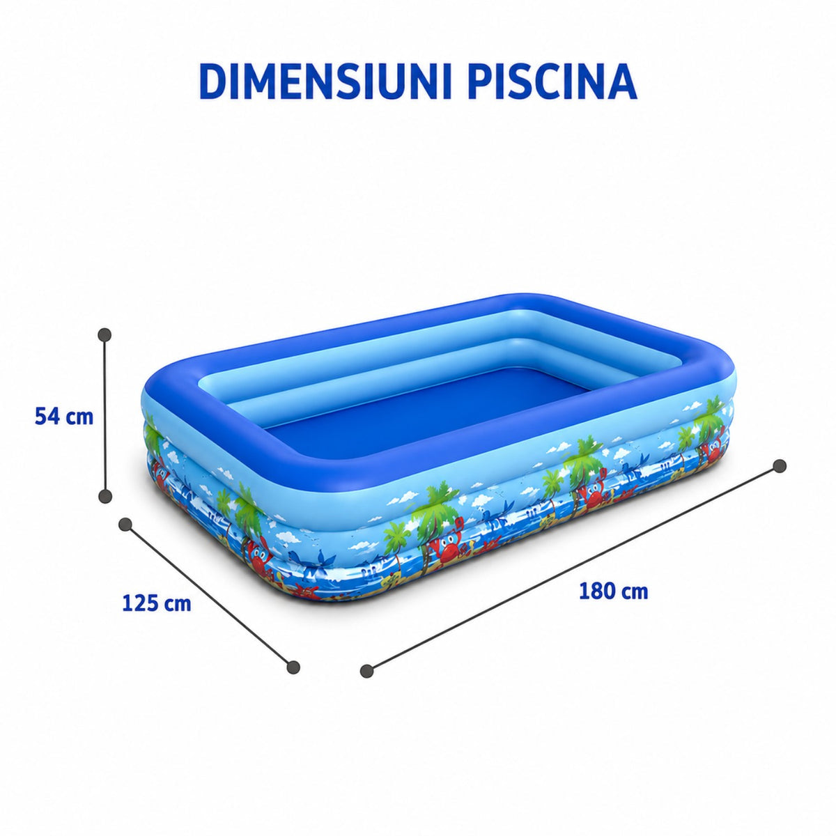 Piscina gonflabila familiala din PVC rezistent, 180x125x54 cm, 3 inele, design tropical, pentru curte si gradina