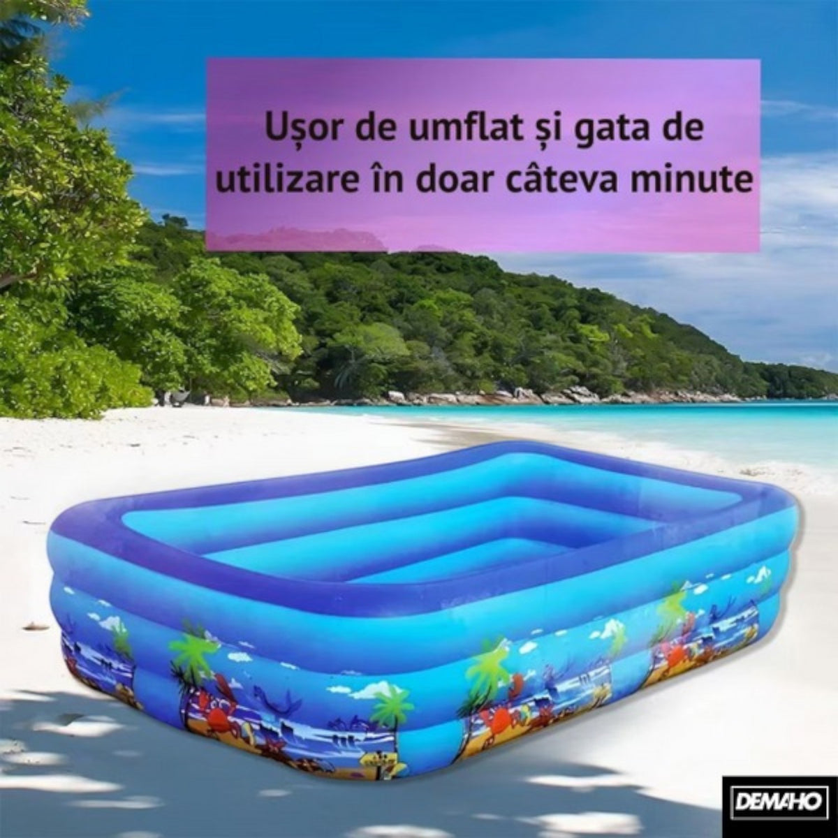 Piscina gonflabila din PVC rezistent, 150x102x50 cm, 3 inele, design tropical, pentru gradina si terasa