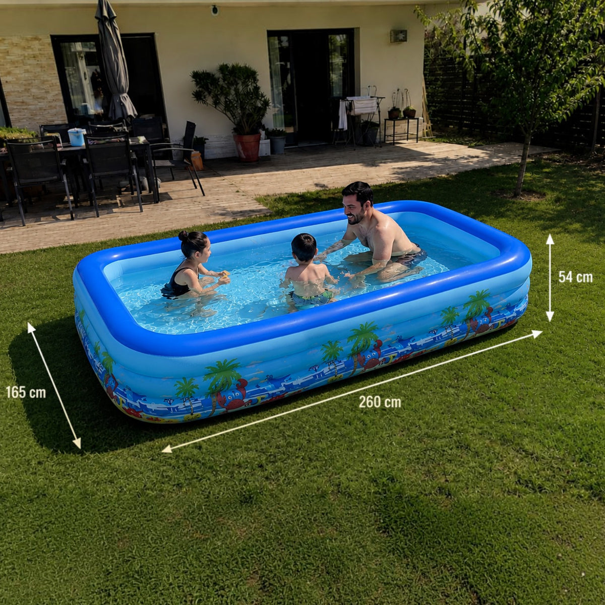 Piscina gonflabila familiala din PVC rezistent, 260x165x54 cm, 3 inele, design tropical, pentru curte si gradina