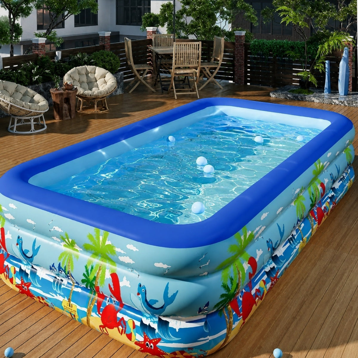 Piscina gonflabila XXL din PVC rezistent, 290x172x54 cm, 3 inele, design tropical, pentru curte si gradina