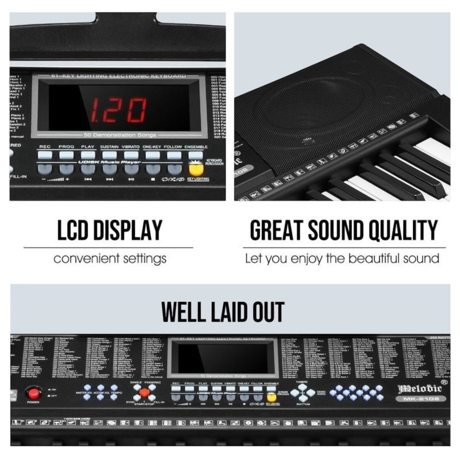 Orga MK2108, 61 clape luminate LED, 5 octave, 255 timbre, 255 ritmuri, ecran LCD