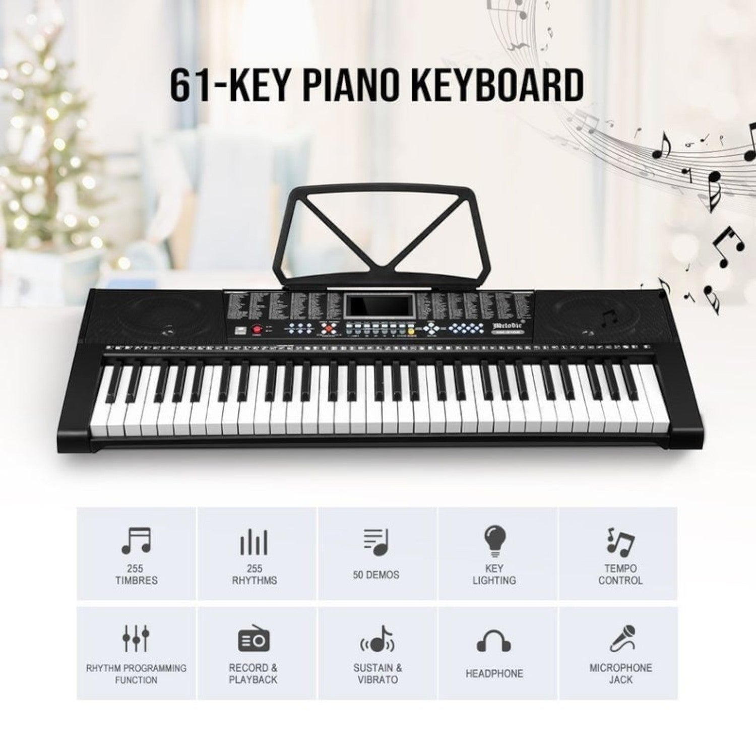 Orga MK2108, 61 clape luminate LED, 5 octave, 255 timbre, 255 ritmuri, ecran LCD