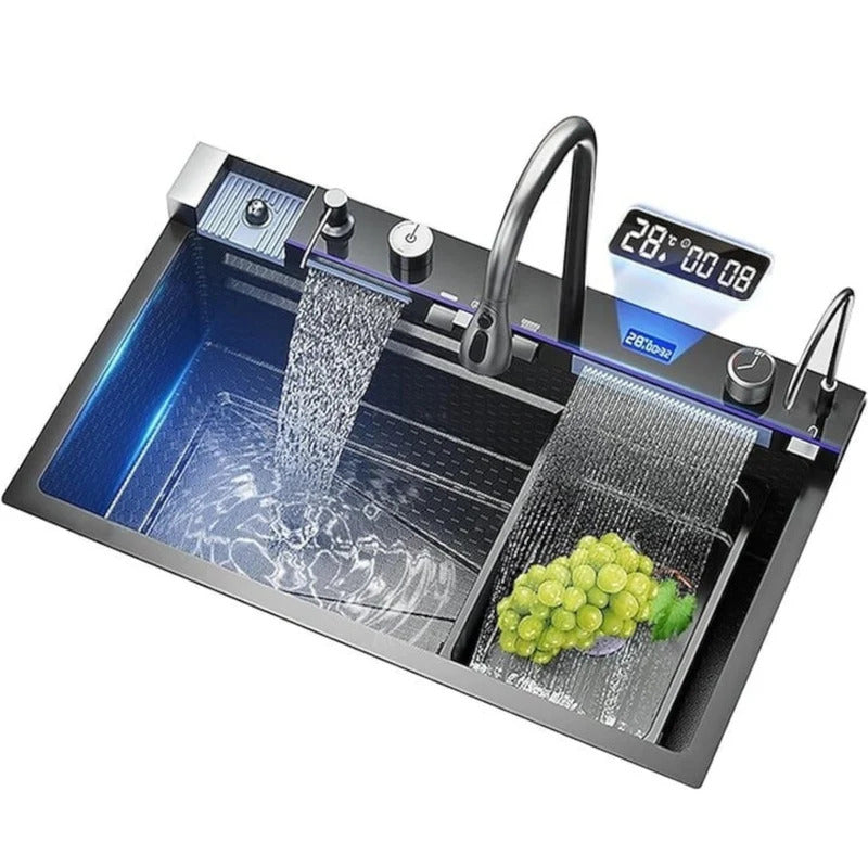 Chiuveta multifunctionala cu 2 cascade, afisaj digital, accesorii incluse, 750x460 mm, negru grafit