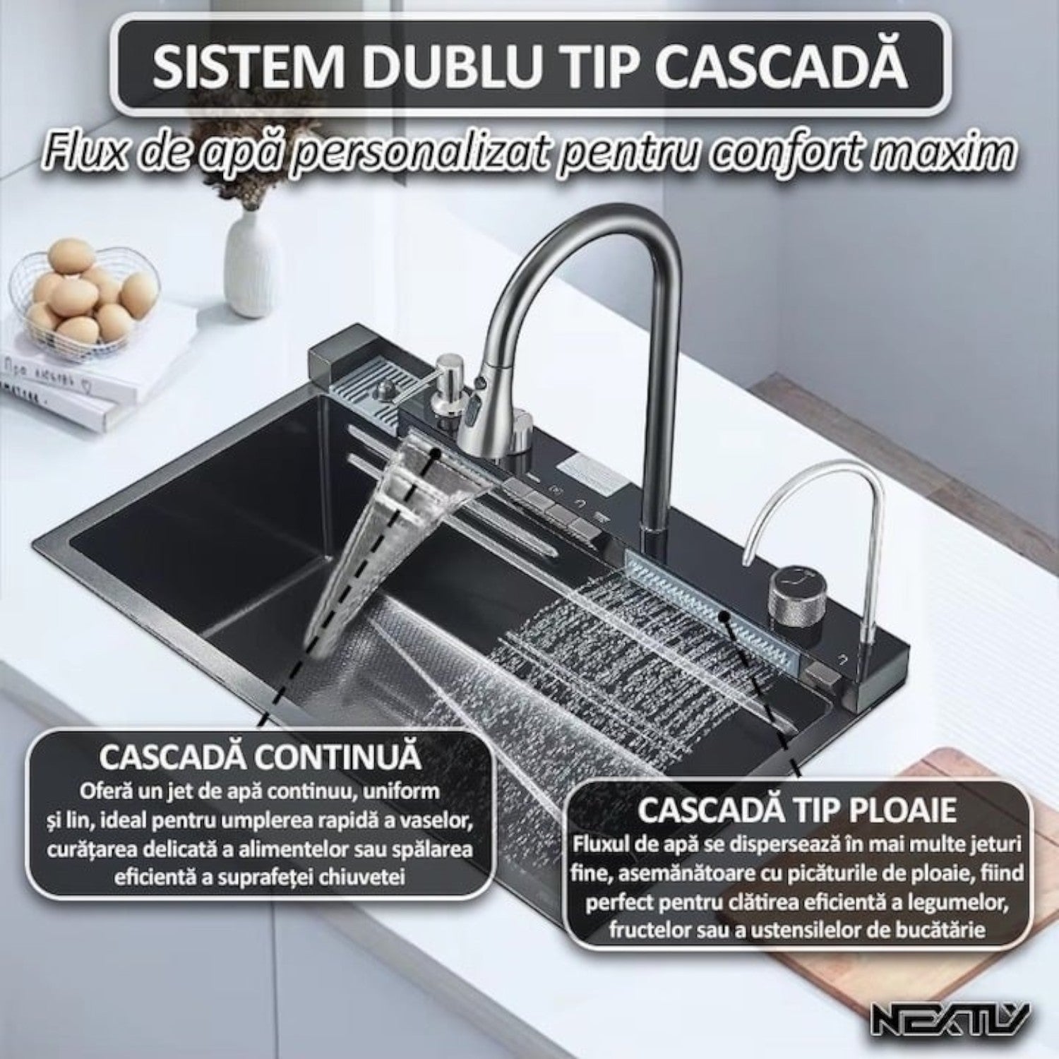 Chiuveta multifunctionala cu 2 cascade, afisaj digital, accesorii incluse, 750x460 mm, negru grafit