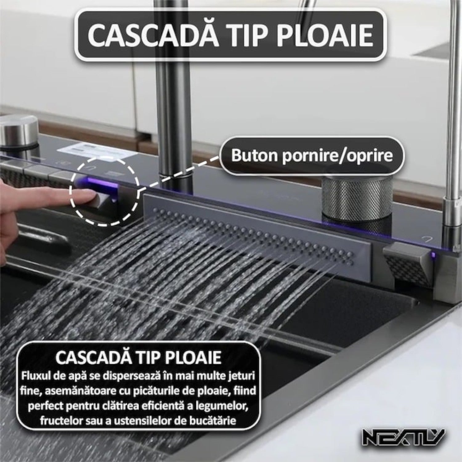 Chiuveta multifunctionala cu 2 cascade, afisaj digital, accesorii incluse, 750x460 mm, negru grafit