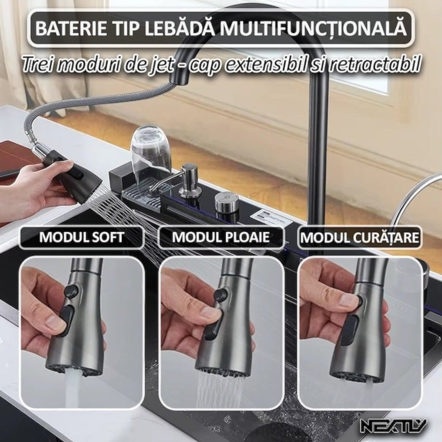 Chiuveta multifunctionala cu 2 cascade, afisaj digital, accesorii incluse, 750x460 mm, negru grafit
