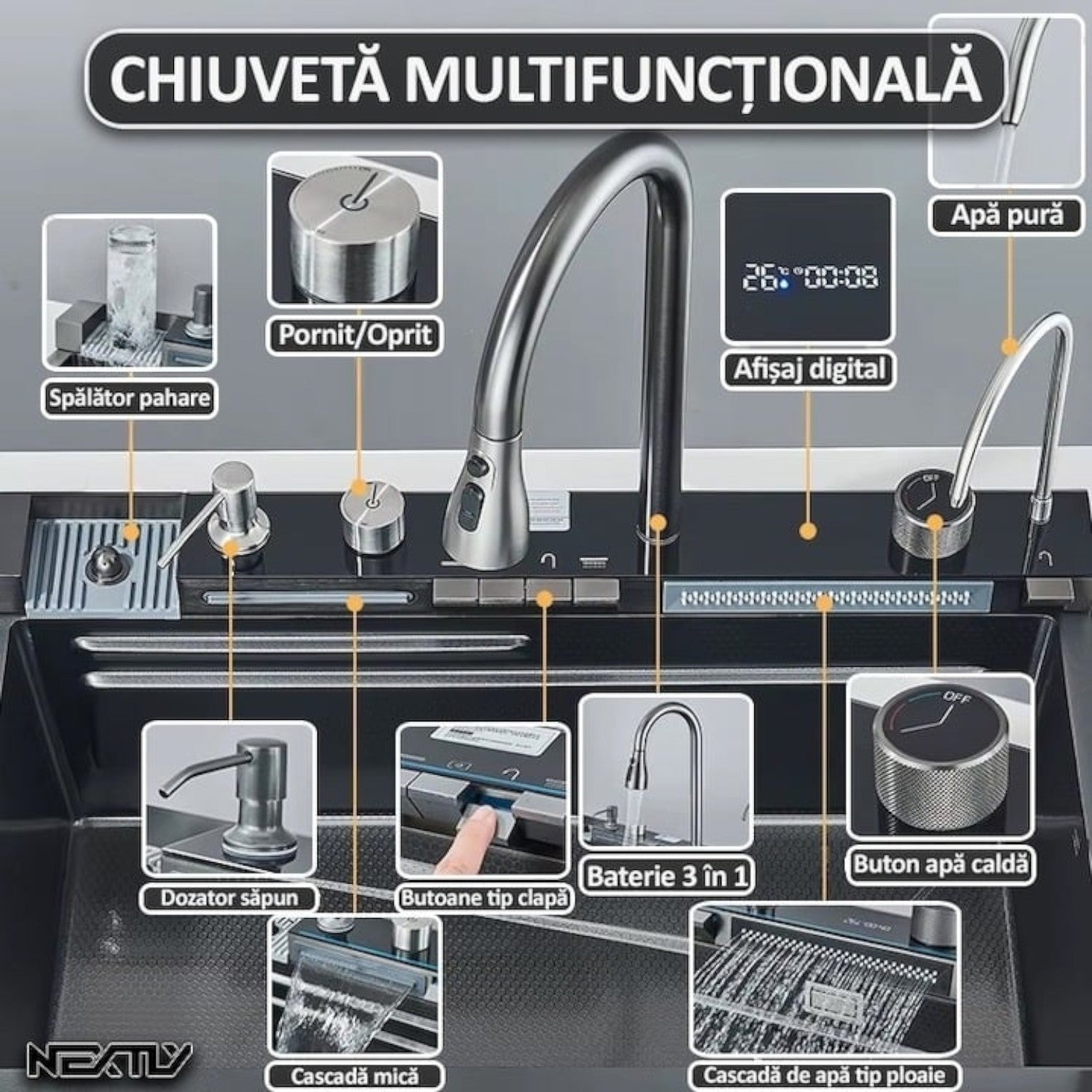 Chiuveta multifunctionala cu 2 cascade, afisaj digital, accesorii incluse, 750x460 mm, negru grafit