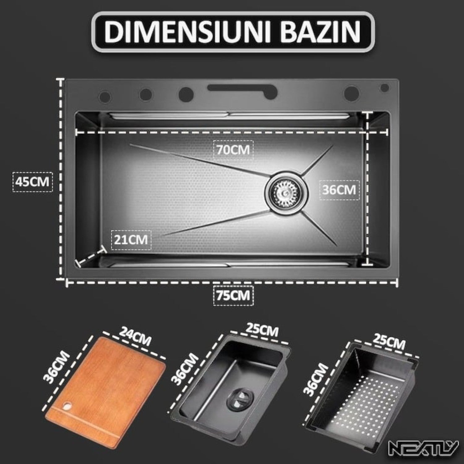 Chiuveta multifunctionala cu 2 cascade, afisaj digital, accesorii incluse, 750x460 mm, negru grafit