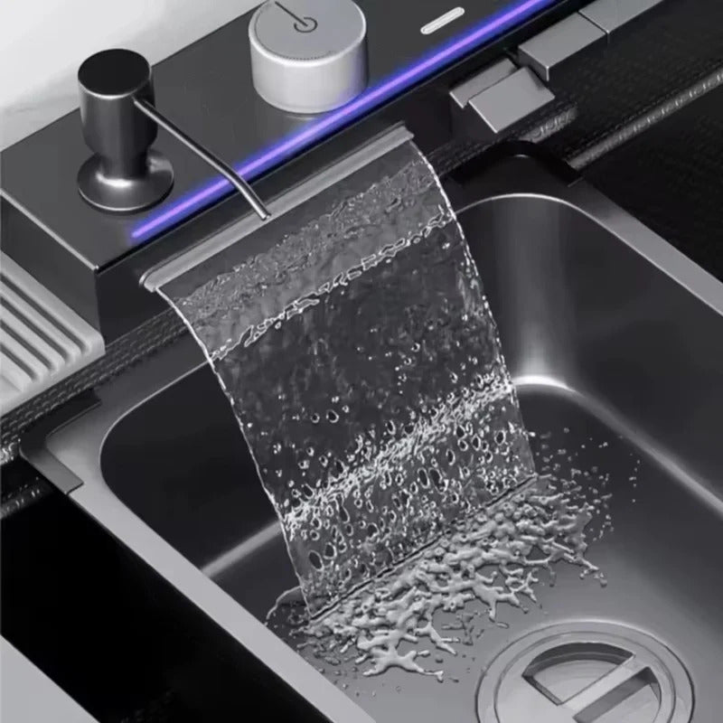 Consola multifunctionala pentru chiuveta, Afisaj digital, LED, 2 cascade, Clatitor pahare si robinet pentru apa filtrata, 750 mm, negru grafit
