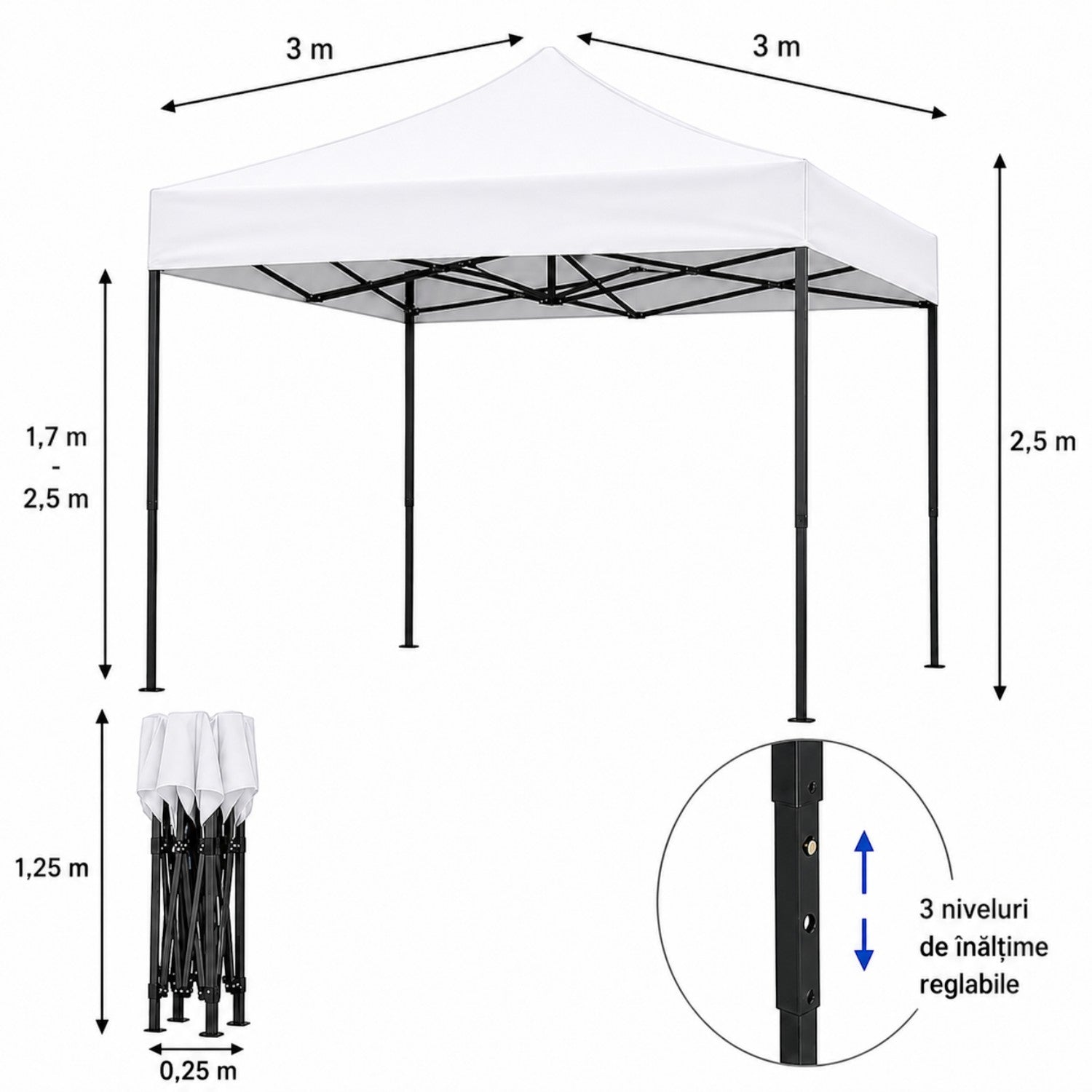 Cort pavilion 3x3m pliabil, cadru metalic, panza impermeabila