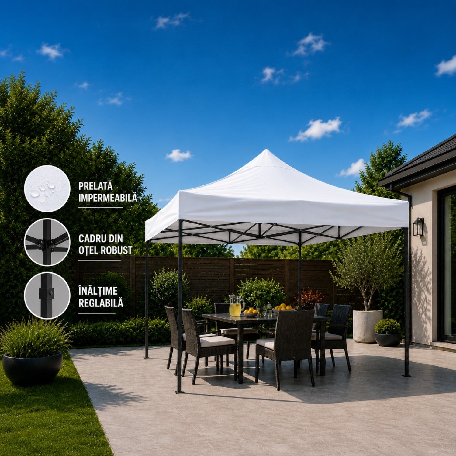 Cort pavilion 3x3m pliabil, cadru metalic, panza impermeabila