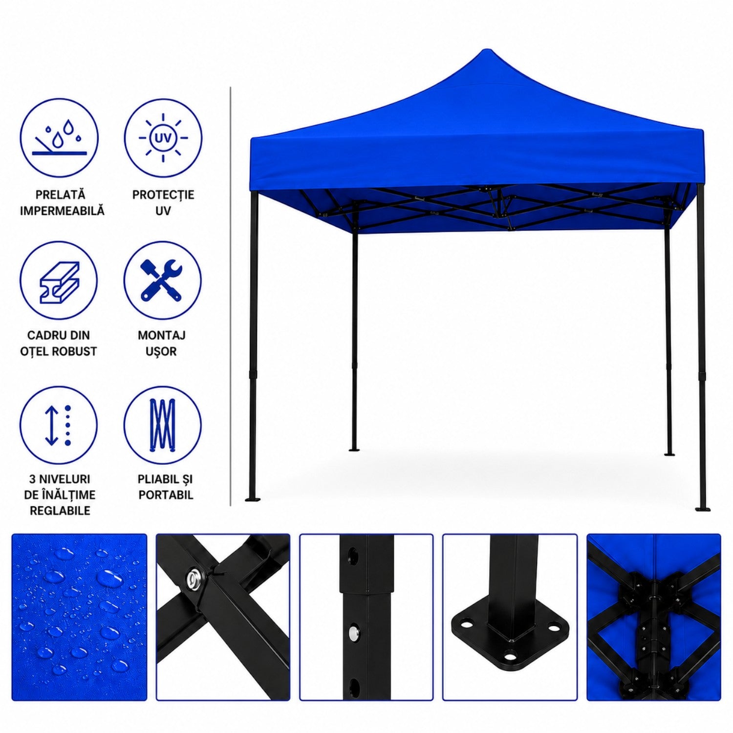 Cort pavilion 3x3m pliabil, cadru metalic, panza impermeabila