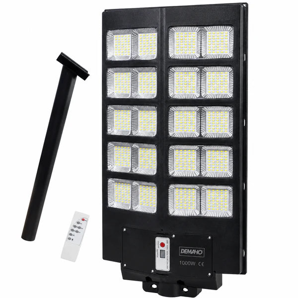 Lampă Solară Stradală DEMAHO 1000W – LED 80.000 lm, Senzor de Mișcare, Senzor de Lumină, IP66, Telecomandă, Suport de Prindere