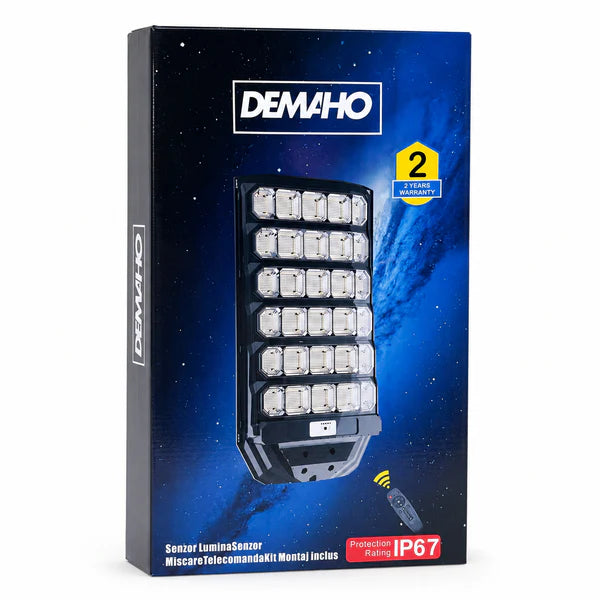 Lampă Solară Stradală DEMAHO Zenith 1600W – LED 120.000 lm, IP66, Telecomandă, Senzor de Mișcare și Lumină