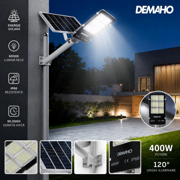 Lampa Solara Stradala 400W DEMAHO cu Panou Separat, Senzor de Lumina, IP66, Iluminare Puternica pentru Exterior + Suport Metalic Cadou