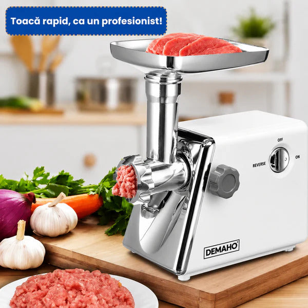 Mașină de tocat carne electrică DEMAHO® 3000 W – 120 kg/oră, 2 site inox, funcție Reverse, componente detașabile