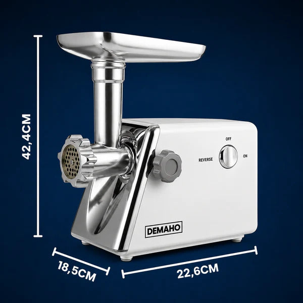 Mașină de tocat carne electrică DEMAHO® 3000 W – 120 kg/oră, 2 site inox, funcție Reverse, componente detașabile