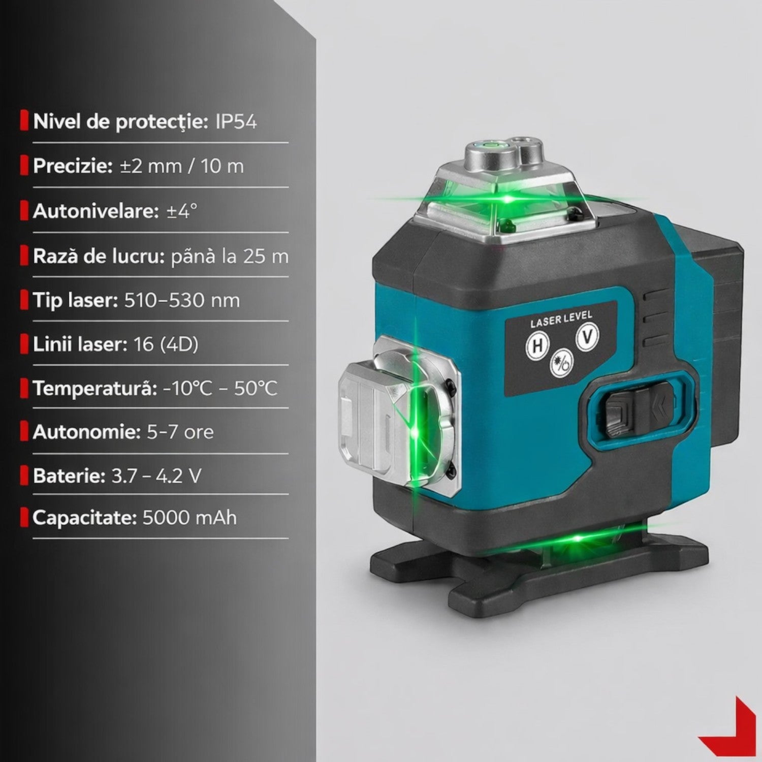 Nivela laser 4D, 16 linii, auto-nivelare, alimentare USB, 2 baterii, inaltime ajustabila 1.2 m