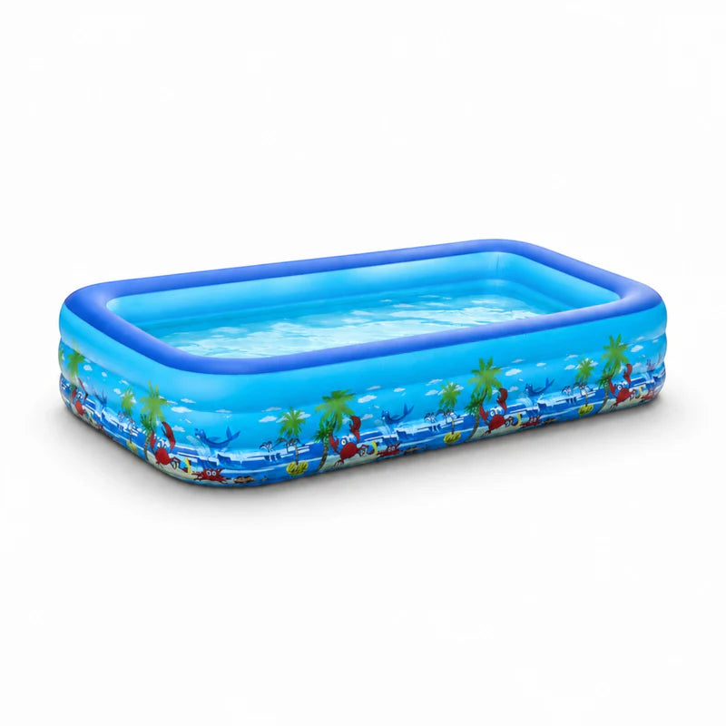 Piscina gonflabila familiala din PVC rezistent, 210x135x54 cm, 3 inele, design tropical, pentru curte si gradina