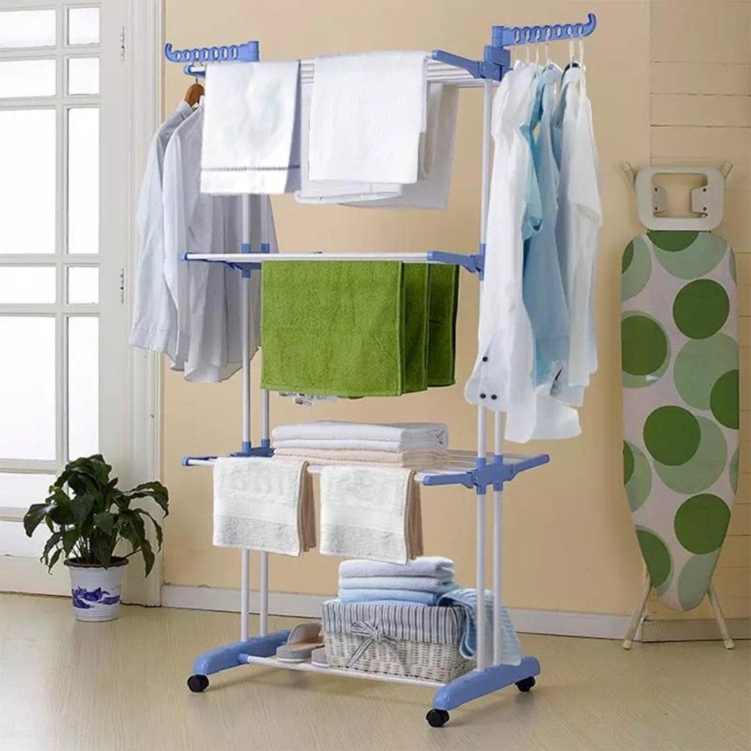 Uscator vertical, mobil si pliabil pentru rufe cu suport umerase, inaltime 173cm, 3 etaje