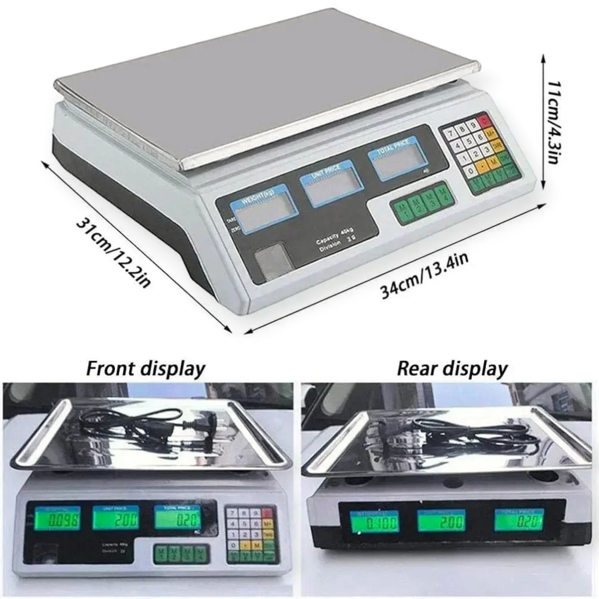 Cantar electronic 40 kg, digital, acumulator inclus, afisaj dublu, functii multiple