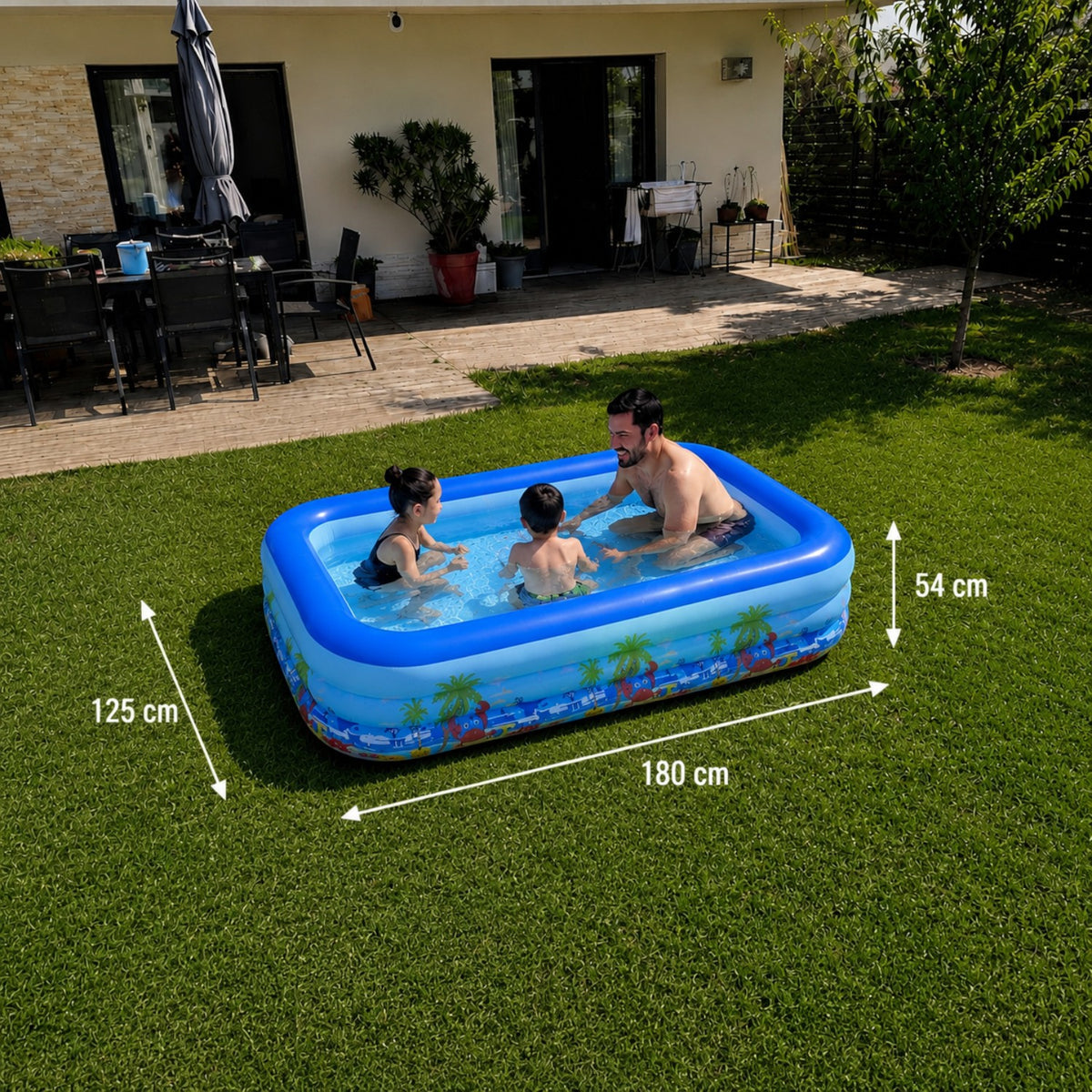 Piscina gonflabila familiala din PVC rezistent, 180x125x54 cm, 3 inele, design tropical, pentru curte si gradina