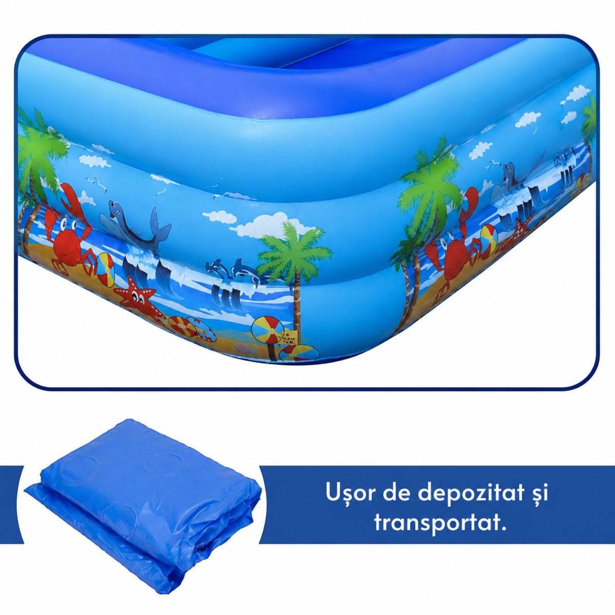 Piscina gonflabila XXL din PVC rezistent, 290x172x54 cm, 3 inele, design tropical, pentru curte si gradina
