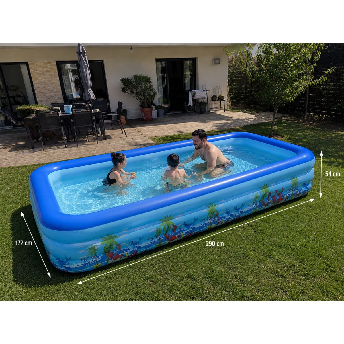 Piscina gonflabila XXL din PVC rezistent, 290x172x54 cm, 3 inele, design tropical, pentru curte si gradina
