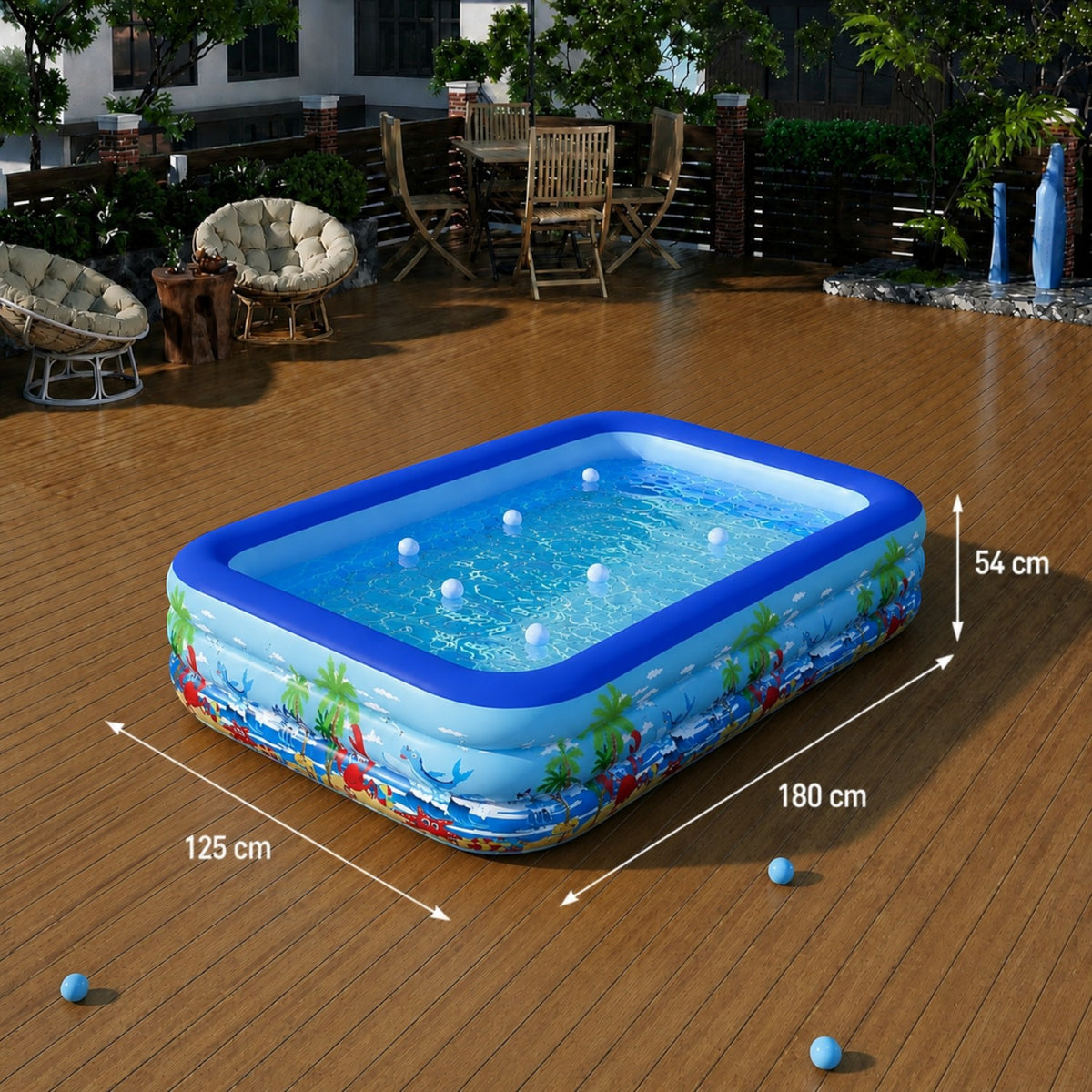 Piscina gonflabila familiala din PVC rezistent, 180x125x54 cm, 3 inele, design tropical, pentru curte si gradina