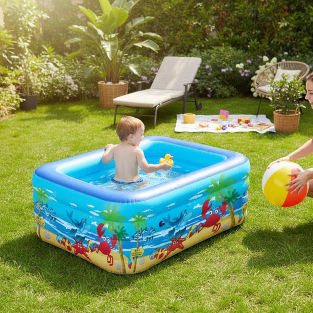Piscina gonflabila din PVC rezistent, 150x102x50 cm, 3 inele, design tropical, pentru gradina si terasa