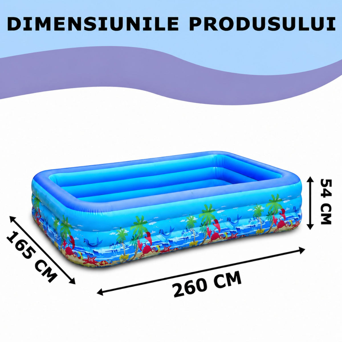 Piscina gonflabila familiala din PVC rezistent, 260x165x54 cm, 3 inele, design tropical, pentru curte si gradina