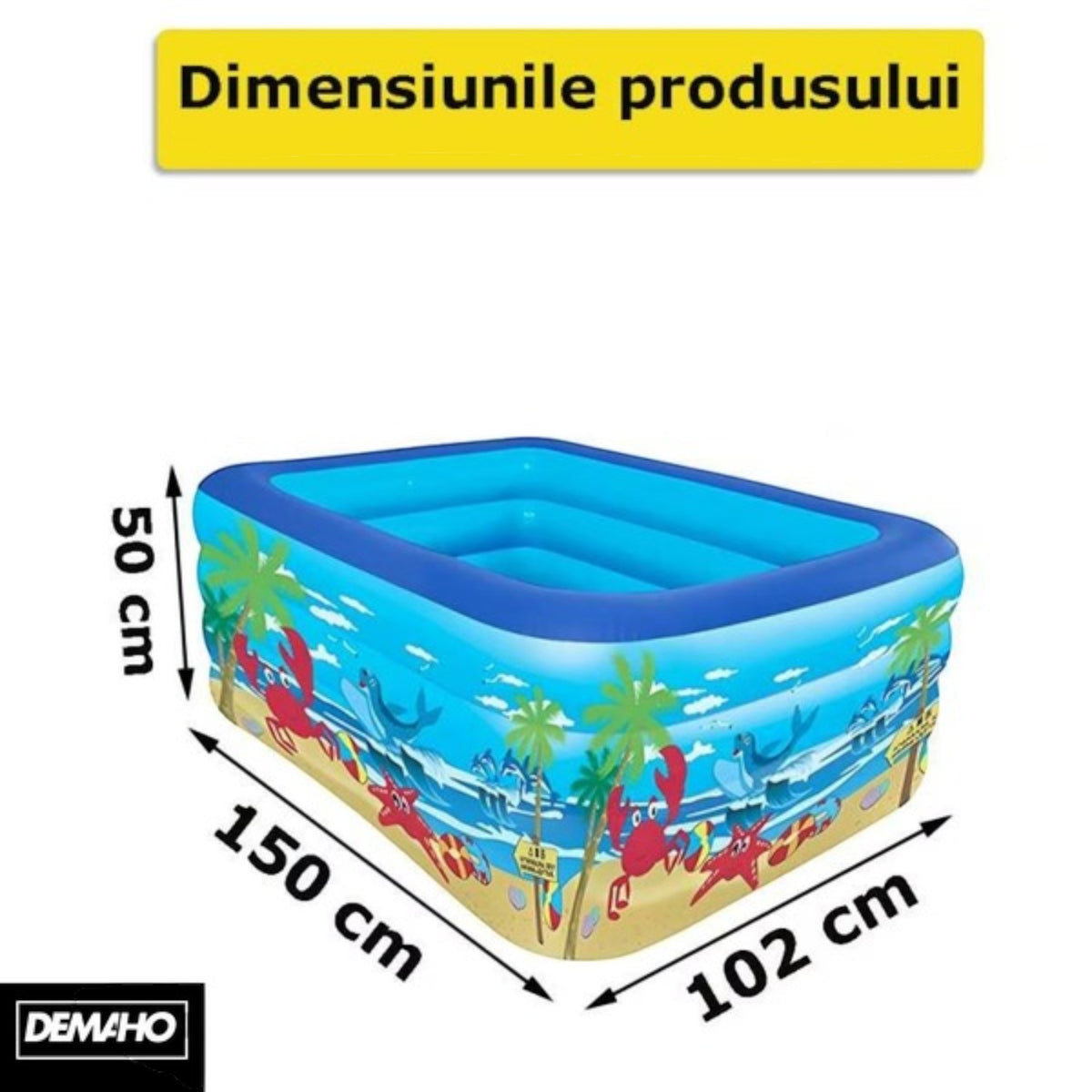 Piscina gonflabila din PVC rezistent, 150x102x50 cm, 3 inele, design tropical, pentru gradina si terasa