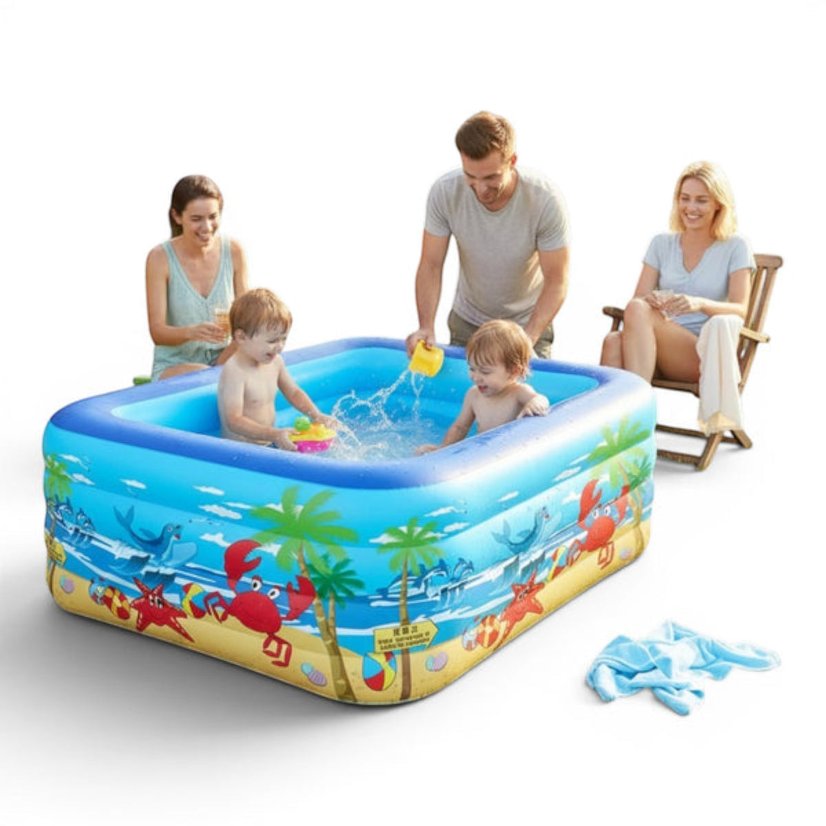 Piscina gonflabila din PVC rezistent, 150x102x50 cm, 3 inele, design tropical, pentru gradina si terasa