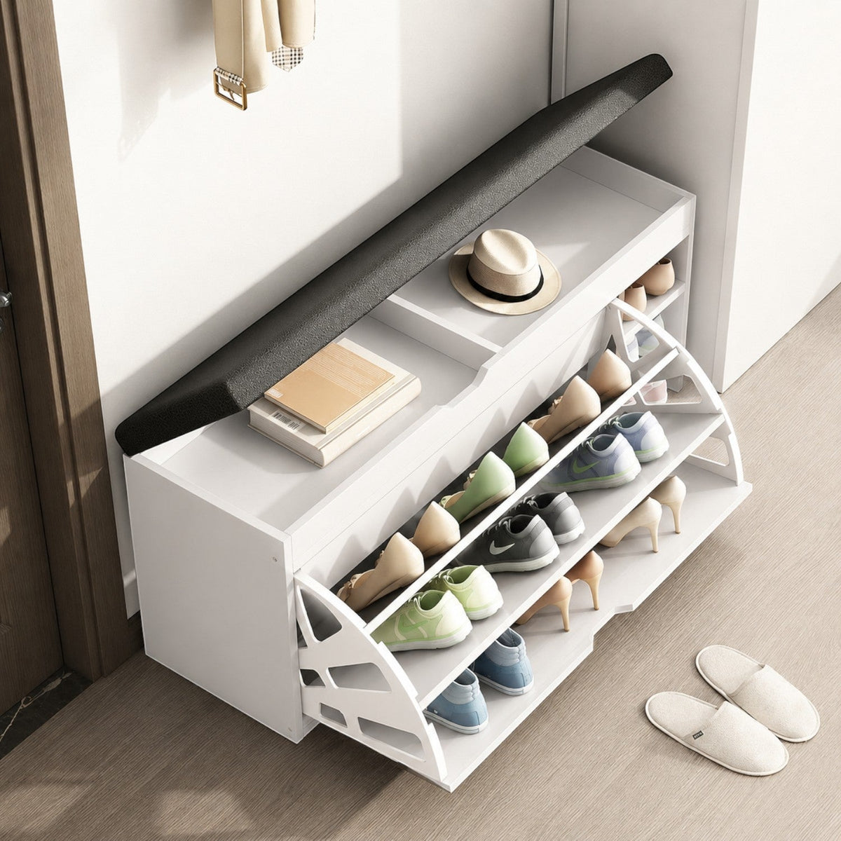 Dulap pentru pantofi tip bancheta, 6 rafturi, 100x34x50 cm, PAL melaminat