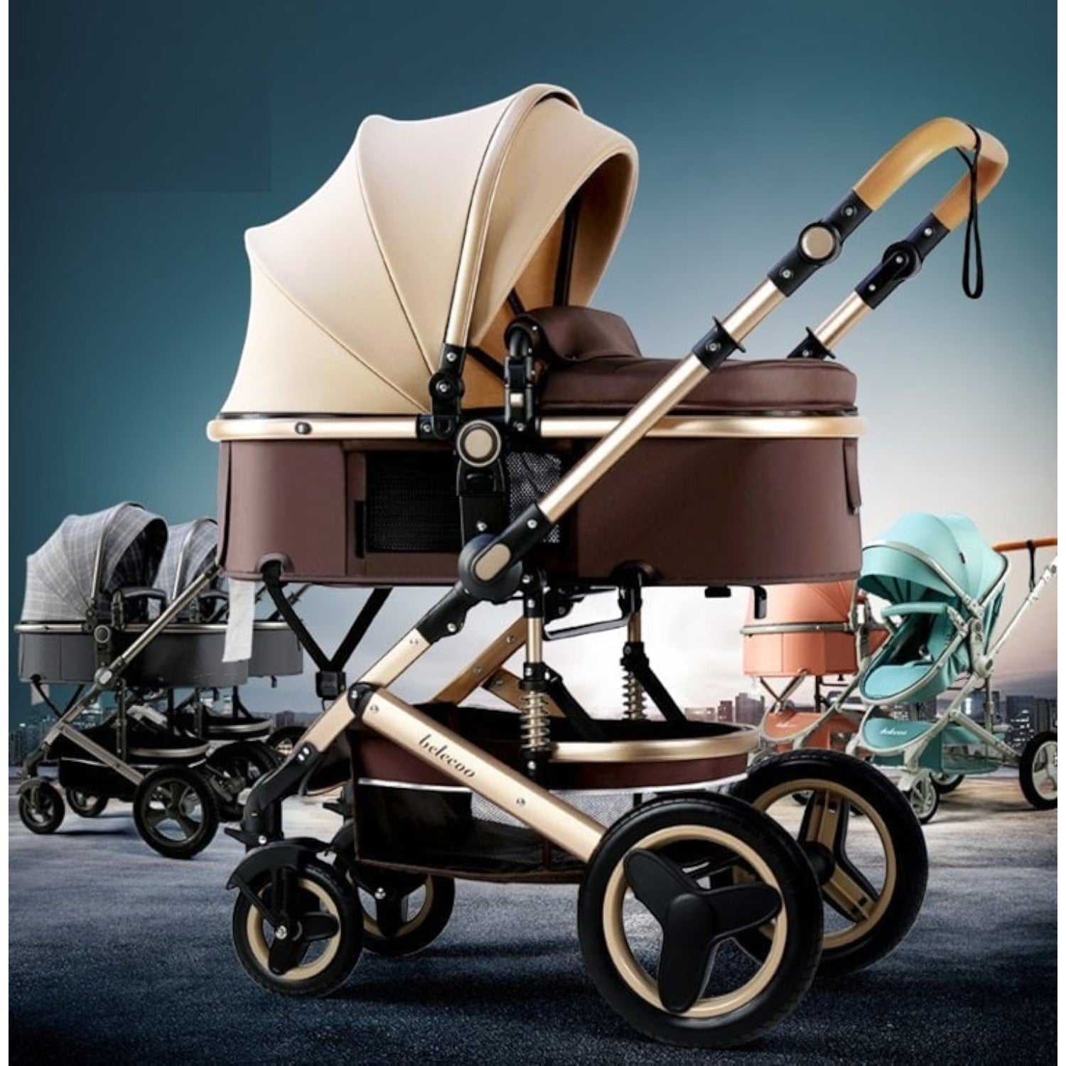 Carucior 2 in 1 pliabil, landou-sport, cu suspensii, 0-36 luni, 25 kg, roti cauciuc, cos depozitare