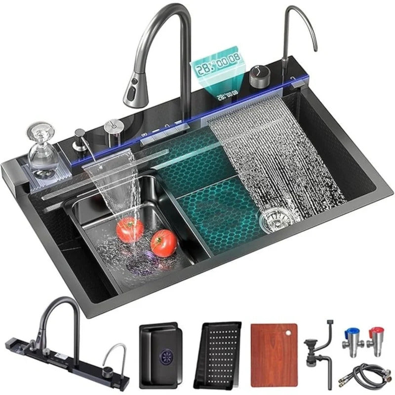 Chiuveta multifunctionala cu 2 cascade, afisaj digital, accesorii incluse, 750x460 mm, negru grafit