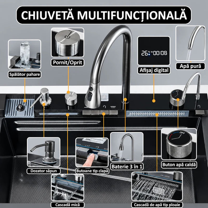 Chiuveta multifunctionala cu 2 cascade, afisaj digital, accesorii incluse, 750x460 mm, negru grafit