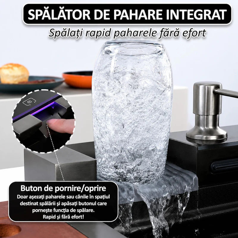 Chiuveta multifunctionala cu 2 cascade, afisaj digital, accesorii incluse, 750x460 mm, negru grafit