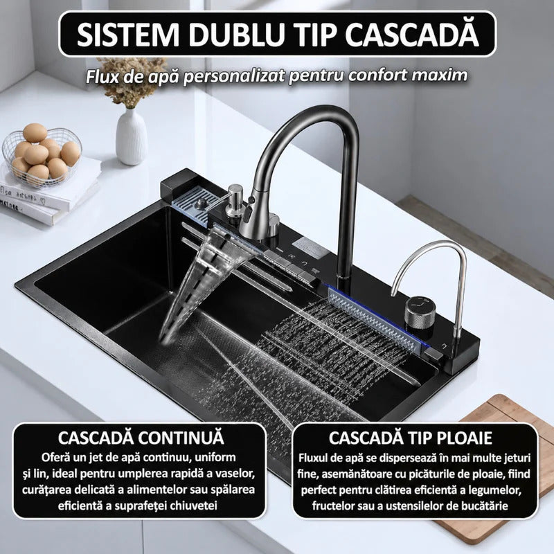 Chiuveta multifunctionala cu 2 cascade, afisaj digital, accesorii incluse, 750x460 mm, negru grafit