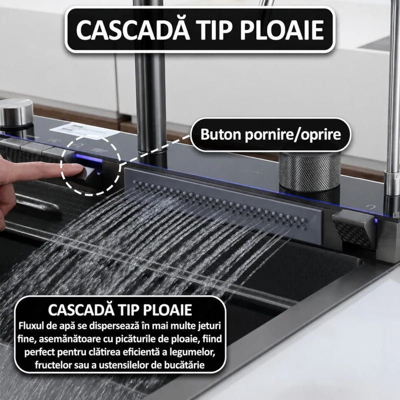 Chiuveta multifunctionala cu 2 cascade, afisaj digital, accesorii incluse, 750x460 mm, negru grafit