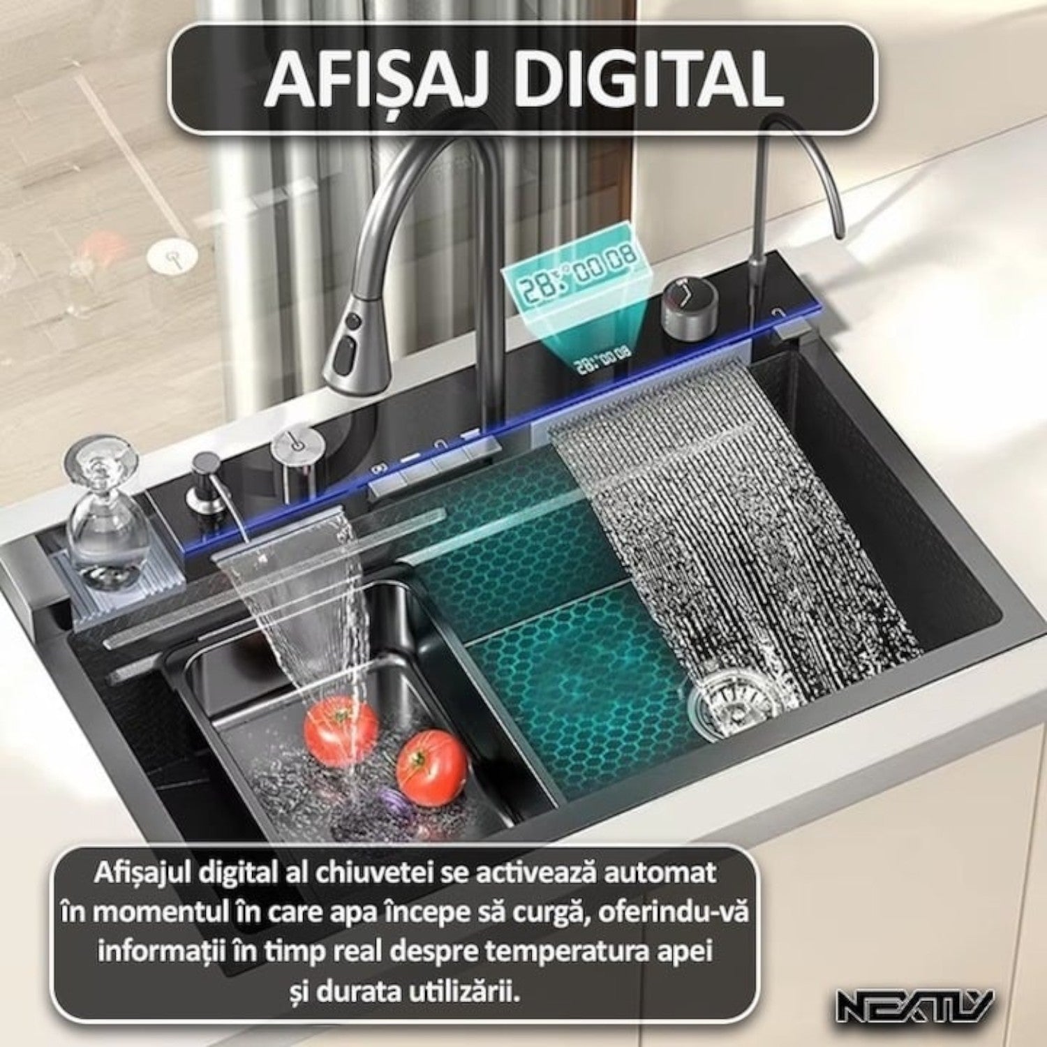 Chiuveta multifunctionala cu 2 cascade, afisaj digital, accesorii incluse, 750x460 mm, negru grafit