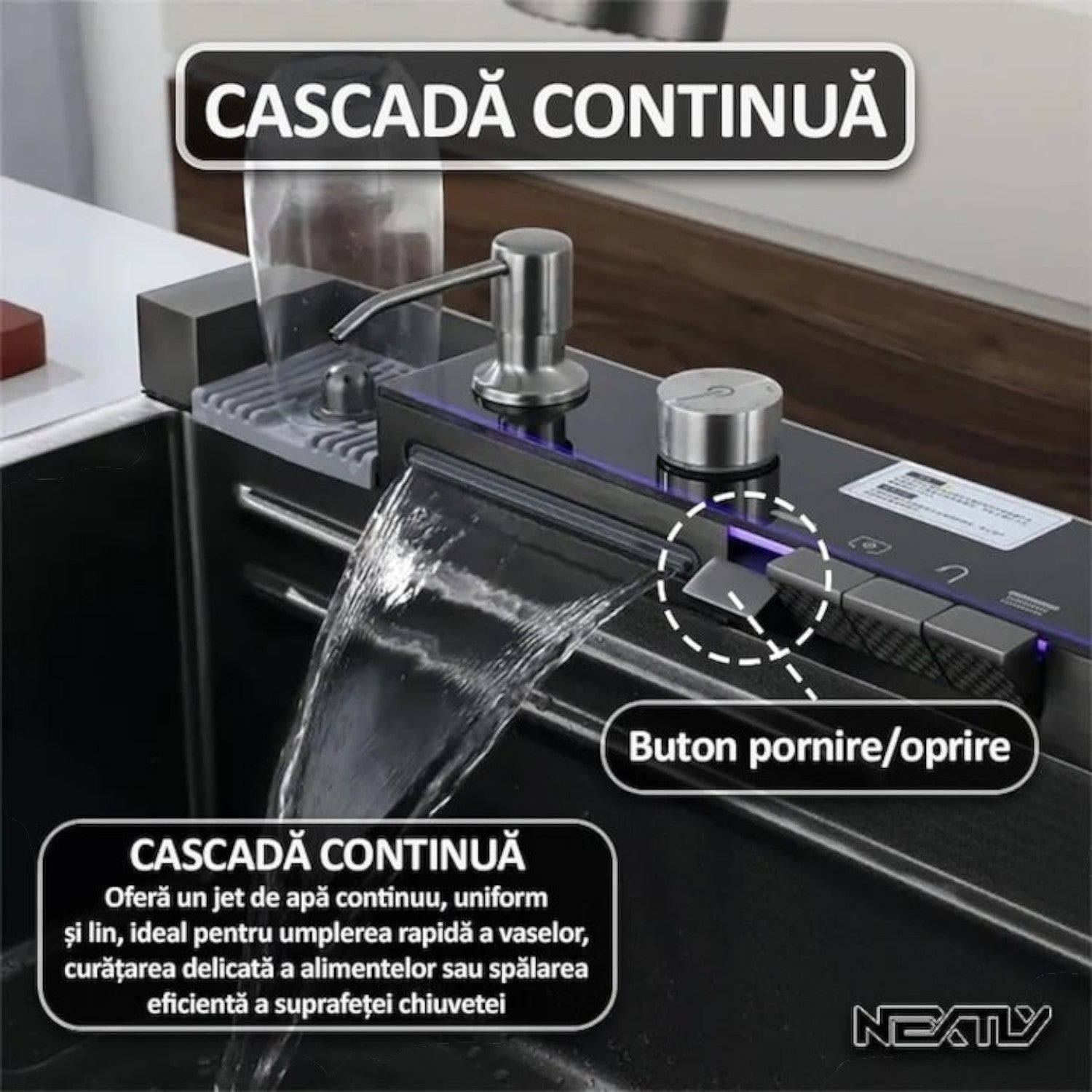 Chiuveta multifunctionala cu 2 cascade, afisaj digital, accesorii incluse, 750x460 mm, negru grafit