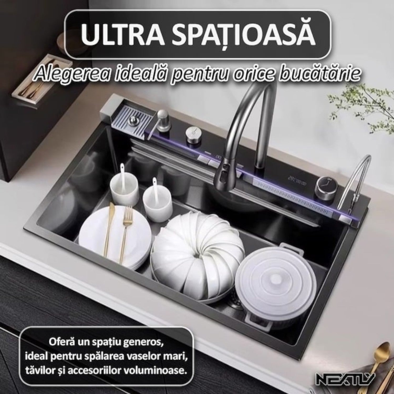 Chiuveta multifunctionala cu 2 cascade, afisaj digital, accesorii incluse, 750x460 mm, negru grafit