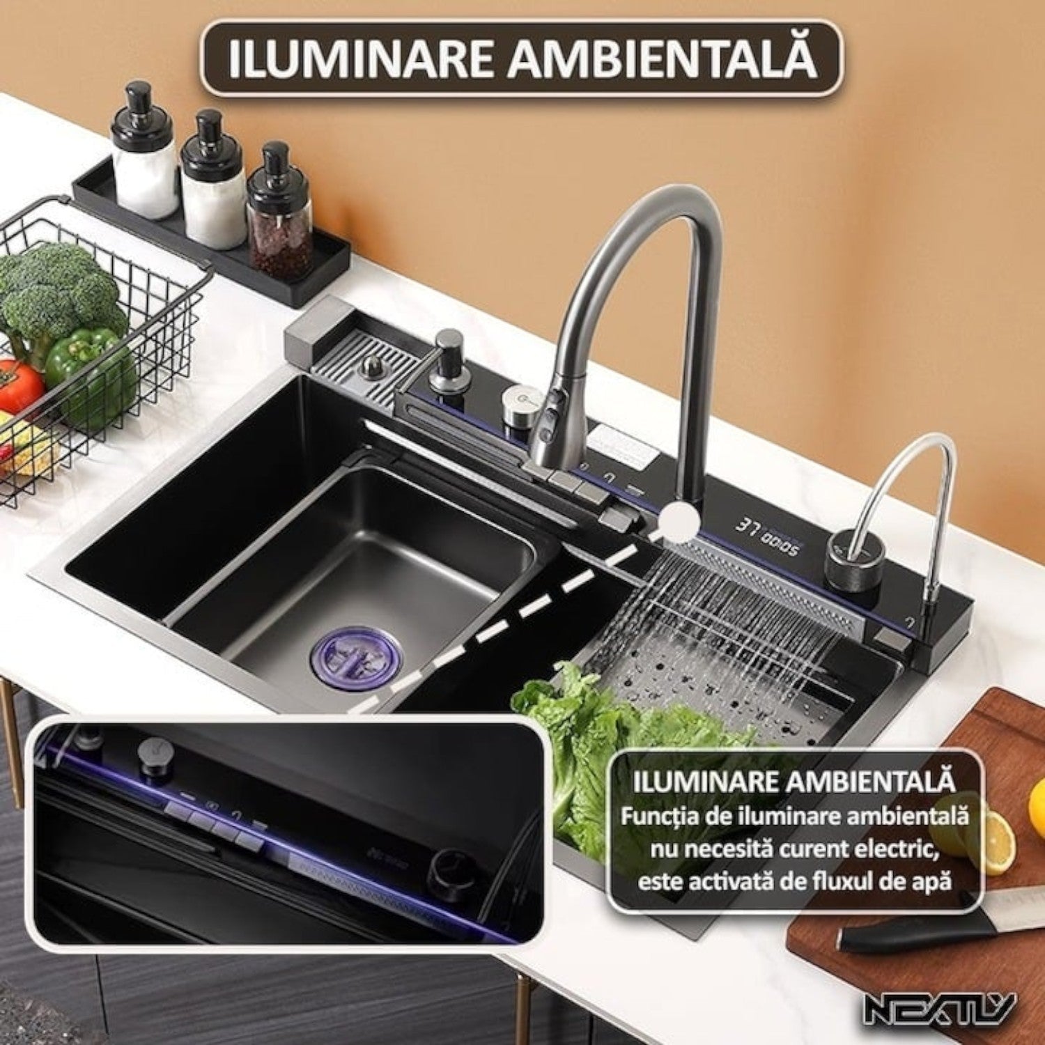 Chiuveta multifunctionala cu 2 cascade, afisaj digital, accesorii incluse, 750x460 mm, negru grafit