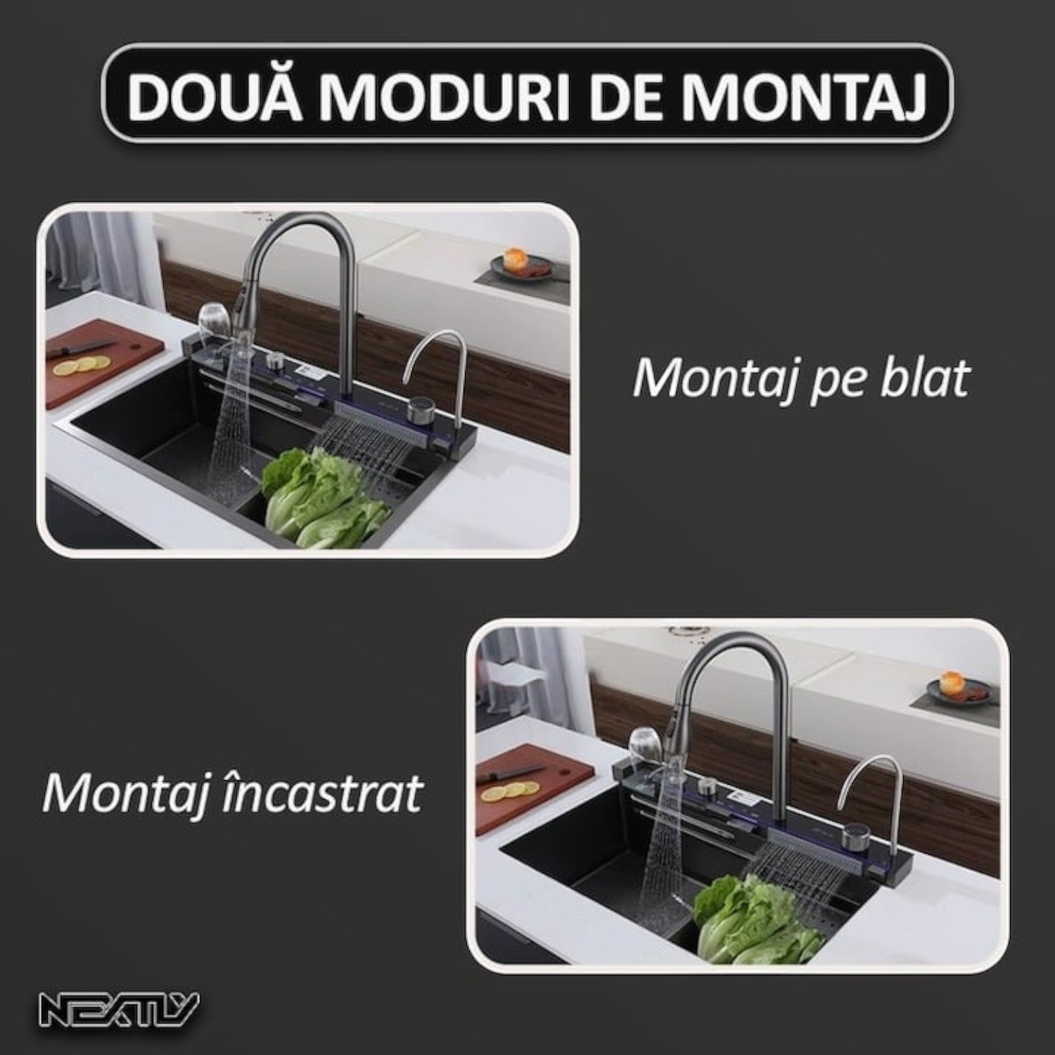 Chiuveta multifunctionala cu 2 cascade, afisaj digital, accesorii incluse, 750x460 mm, negru grafit