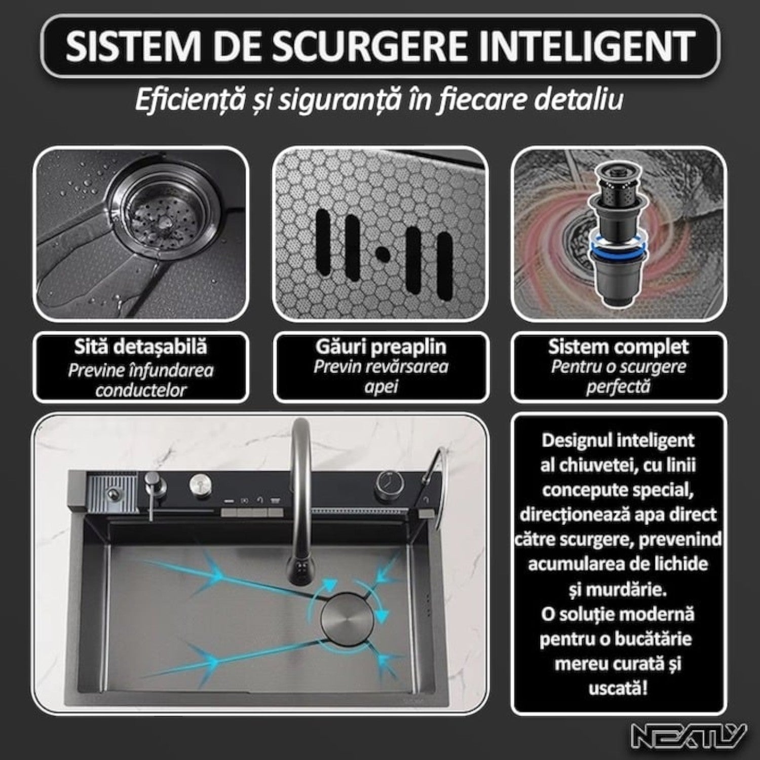 Chiuveta multifunctionala cu 2 cascade, afisaj digital, accesorii incluse, 750x460 mm, negru grafit